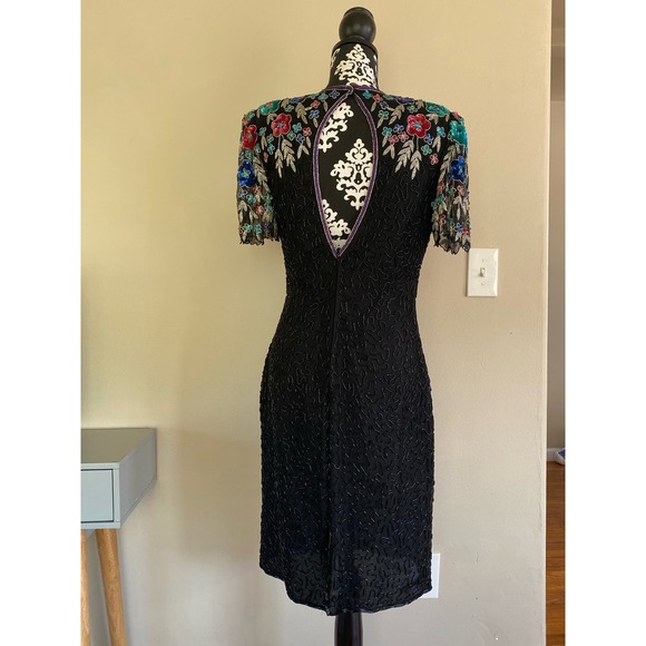 Vtg Scala L 100% silk beaded dress sequins lbd unique cutout - Picture 3 of 6